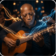 Angus Neil playing classical guitar with light