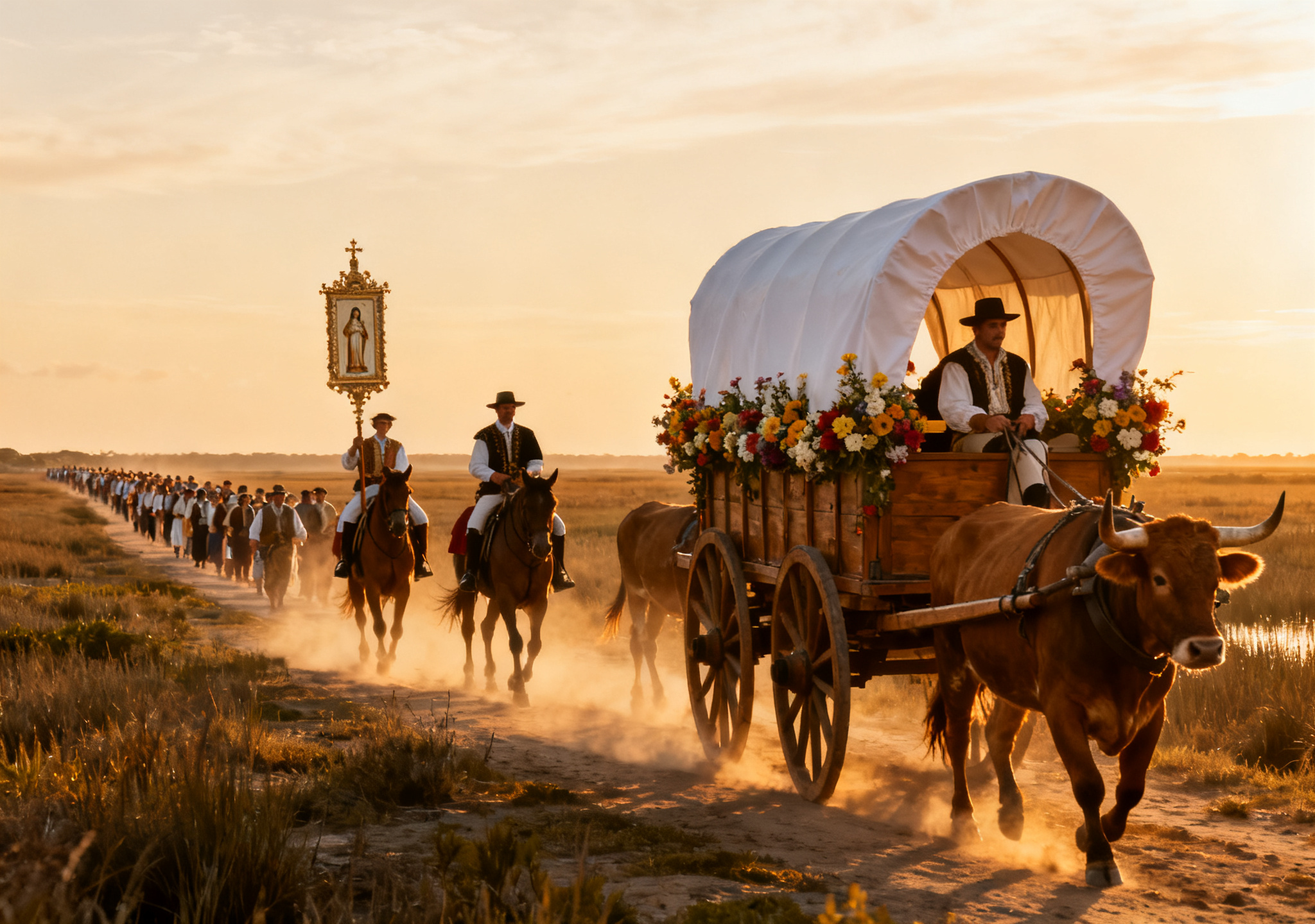 Pilgrims, riders and a flower-decked ox wagon crossing the Doñana marshes on the way to El Rocío